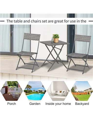 Outsunny 2-Seater Chair Bistro Set Garden Patio Table & Chair Black Rattan Furniture Grey