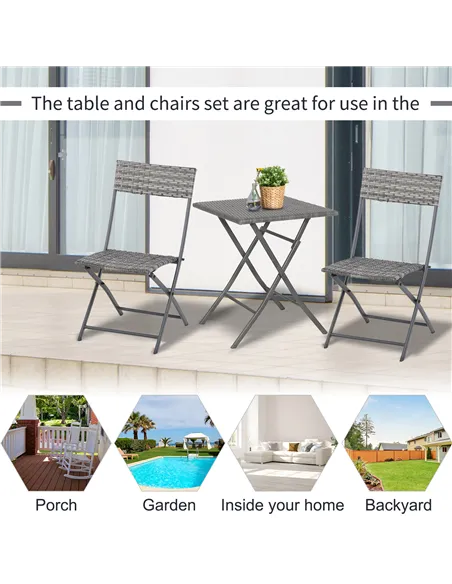 Outsunny 2-Seater Chair Bistro Set Garden Patio Table & Chair Black Rattan Furniture Grey