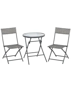 Outsunny 3 Pieces Rattan Bistro Set, Wicker Folding Garden Furniture Set with Glass Top Coffee Table and Chairs for Outdoor, Pat