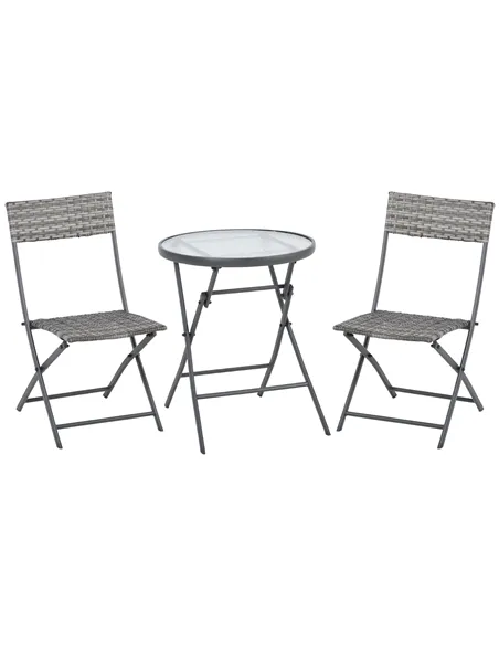 Outsunny 3 Pieces Rattan Bistro Set, Wicker Folding Garden Furniture Set with Glass Top Coffee Table and Chairs for Outdoor, Pat