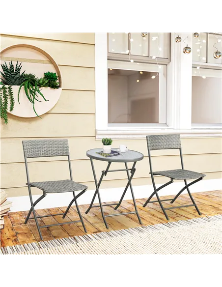 Outsunny 3 Pieces Rattan Bistro Set, Wicker Folding Garden Furniture Set with Glass Top Coffee Table and Chairs for Outdoor, Pat