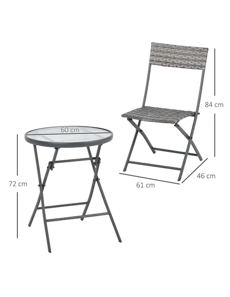 Outsunny 3 Pieces Rattan Bistro Set, Wicker Folding Garden Furniture Set with Glass Top Coffee Table and Chairs for Outdoor, Pat