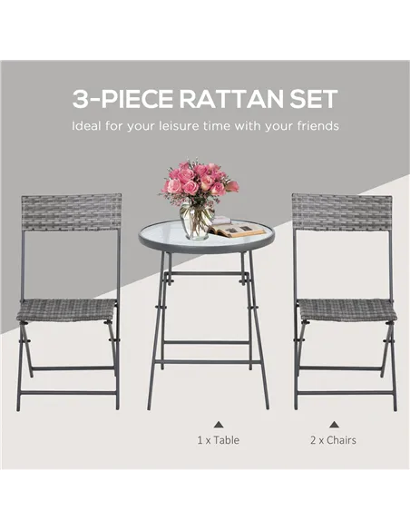 Outsunny 3 Pieces Rattan Bistro Set, Wicker Folding Garden Furniture Set with Glass Top Coffee Table and Chairs for Outdoor, Pat