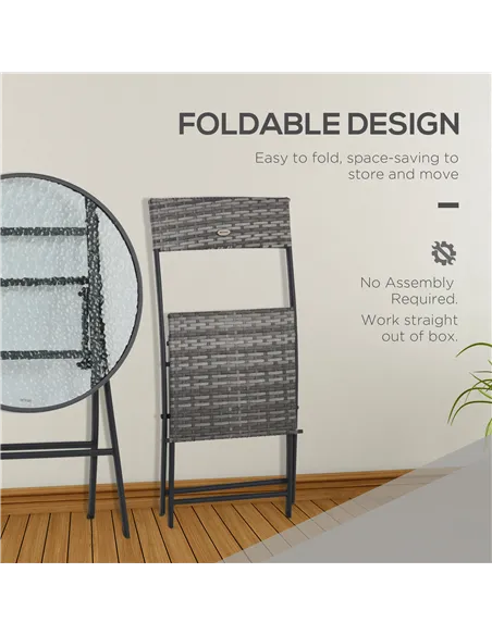 Outsunny 3 Pieces Rattan Bistro Set, Wicker Folding Garden Furniture Set with Glass Top Coffee Table and Chairs for Outdoor, Pat
