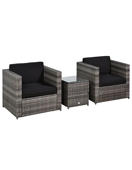 Outsunny 3 Pieces Rattan Bistro Set, Wicker Garden Furniture Set with Glass Top Coffee Table and Chairs, Thickened Washable Cush