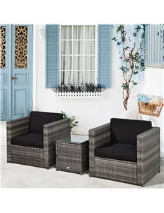 Outsunny 3 Pieces Rattan Bistro Set, Wicker Garden Furniture Set with Glass Top Coffee Table and Chairs, Thickened Washable Cush 2