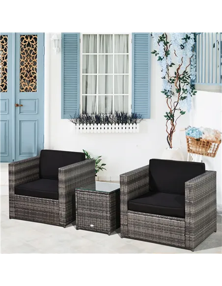 Outsunny 3 Pieces Rattan Bistro Set, Wicker Garden Furniture Set with Glass Top Coffee Table and Chairs, Thickened Washable Cush