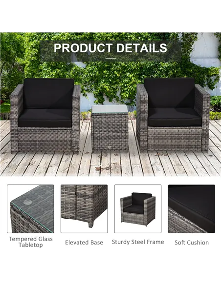 Outsunny 3 Pieces Rattan Bistro Set, Wicker Garden Furniture Set with Glass Top Coffee Table and Chairs, Thickened Washable Cush