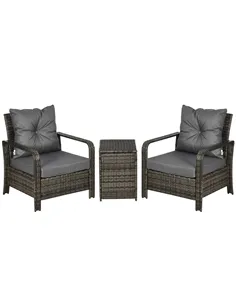 Outsunny 3 Pieces Rattan Bistro Set, Wicker Garden Furniture Set with Storage Coffee Table and Chairs, Thickened Cushions for Ou