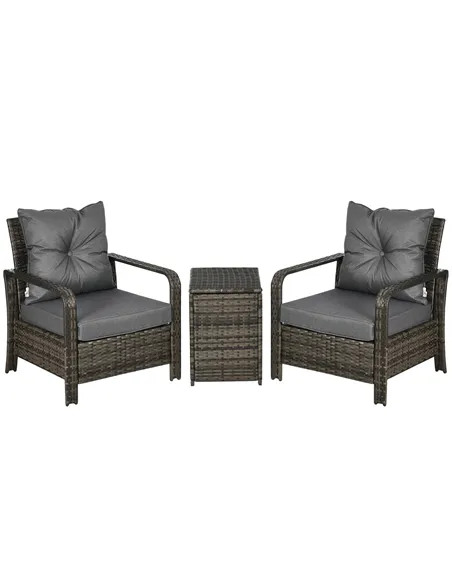 Outsunny 3 Pieces Rattan Bistro Set, Wicker Garden Furniture Set with Storage Coffee Table and Chairs, Thickened Cushions for Ou