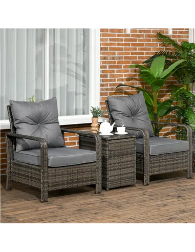 Outsunny 3 Pieces Rattan Bistro Set, Wicker Garden Furniture Set with Storage Coffee Table and Chairs, Thickened Cushions for Ou