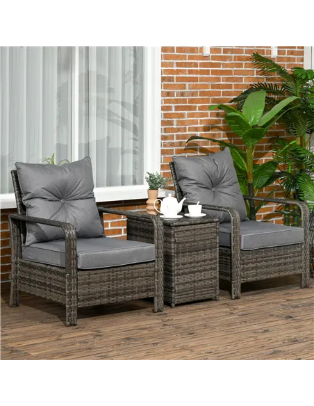 Outsunny 3 Pieces Rattan Bistro Set, Wicker Garden Furniture Set with Storage Coffee Table and Chairs, Thickened Cushions for Ou