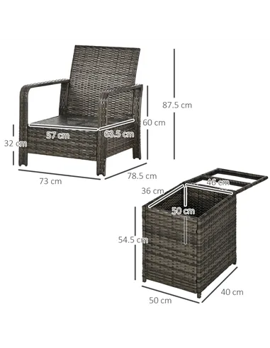 Outsunny 3 Pieces Rattan Bistro Set, Wicker Garden Furniture Set with Storage Coffee Table and Chairs, Thickened Cushions for Ou