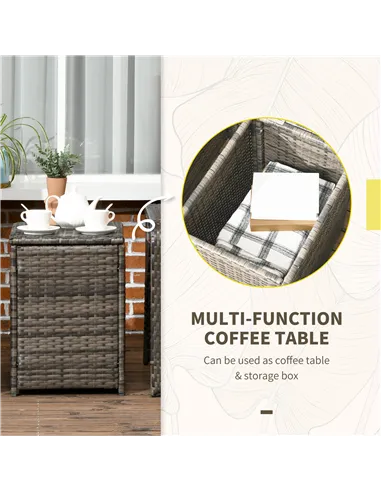 Outsunny 3 Pieces Rattan Bistro Set, Wicker Garden Furniture Set with Storage Coffee Table and Chairs, Thickened Cushions for Ou