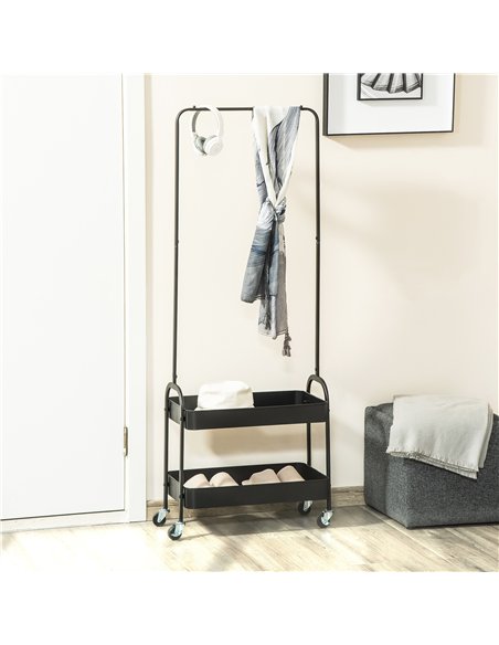 HOMCOM Metal Clothes Rack with Shoe Storage, Clothing Rail on Wheels, Freestanding Hall Tree, Coat Stand with 2 Storage Shelf, B