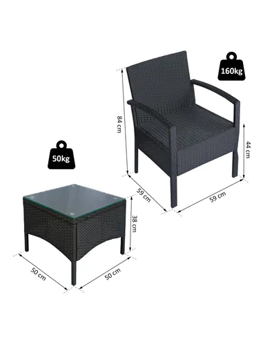 Outsunny 2 Seater Rattan Bistro Set, Steel-Black