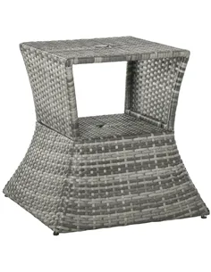 Outsunny Outdoor Patio Rattan Wicker Coffee Table Bistro Side Table w/ Umbrella Hole and Storage Space, Grey