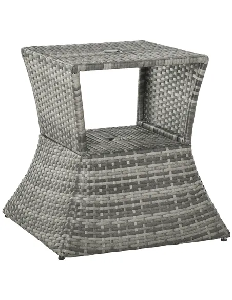 Outsunny Outdoor Patio Rattan Wicker Coffee Table Bistro Side Table w/ Umbrella Hole and Storage Space, Grey