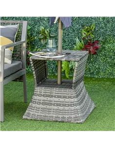 Outsunny Outdoor Patio Rattan Wicker Coffee Table Bistro Side Table w/ Umbrella Hole and Storage Space, Grey 2