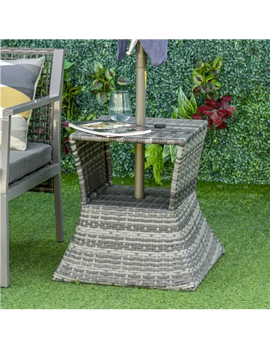 Outsunny Outdoor Patio Rattan Wicker Coffee Table Bistro Side Table w/ Umbrella Hole and Storage Space, Grey