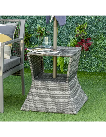 Outsunny Outdoor Patio Rattan Wicker Coffee Table Bistro Side Table w/ Umbrella Hole and Storage Space, Grey