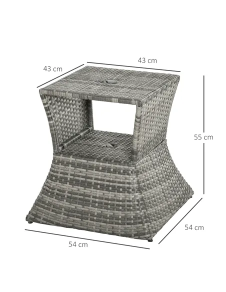 Outsunny Outdoor Patio Rattan Wicker Coffee Table Bistro Side Table w/ Umbrella Hole and Storage Space, Grey