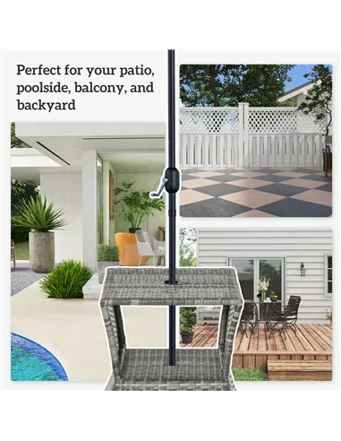 Outsunny Outdoor Patio Rattan Wicker Coffee Table Bistro Side Table w/ Umbrella Hole and Storage Space, Grey