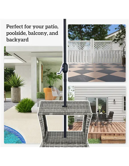 Outsunny Outdoor Patio Rattan Wicker Coffee Table Bistro Side Table w/ Umbrella Hole and Storage Space, Grey