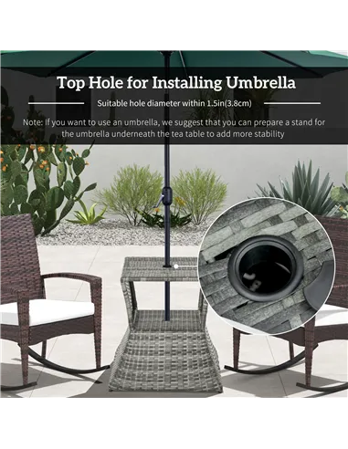 Outsunny Outdoor Patio Rattan Wicker Coffee Table Bistro Side Table w/ Umbrella Hole and Storage Space, Grey