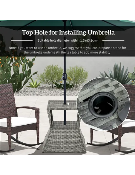Outsunny Outdoor Patio Rattan Wicker Coffee Table Bistro Side Table w/ Umbrella Hole and Storage Space, Grey
