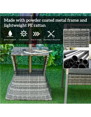 Outsunny Outdoor Patio Rattan Wicker Coffee Table Bistro Side Table w/ Umbrella Hole and Storage Space, Grey