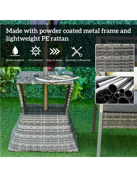 Outsunny Outdoor Patio Rattan Wicker Coffee Table Bistro Side Table w/ Umbrella Hole and Storage Space, Grey