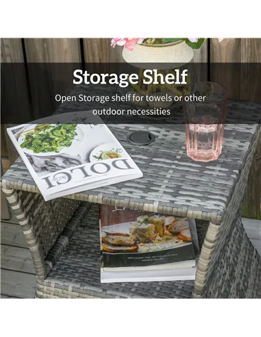 Outsunny Outdoor Patio Rattan Wicker Coffee Table Bistro Side Table w/ Umbrella Hole and Storage Space, Grey