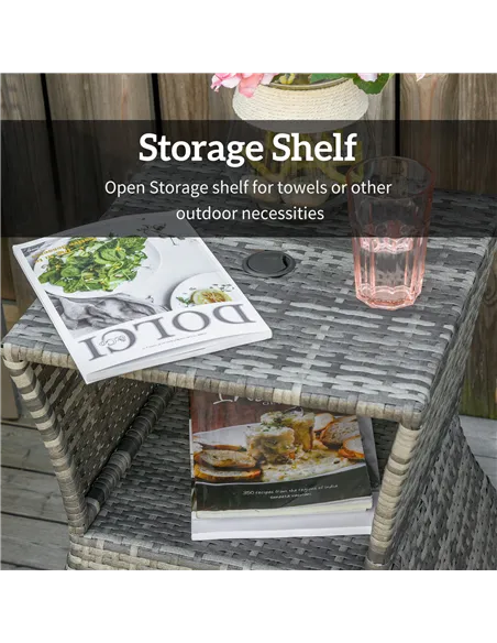 Outsunny Outdoor Patio Rattan Wicker Coffee Table Bistro Side Table w/ Umbrella Hole and Storage Space, Grey