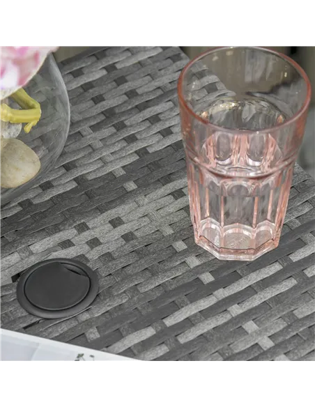 Outsunny Outdoor Patio Rattan Wicker Coffee Table Bistro Side Table w/ Umbrella Hole and Storage Space, Grey