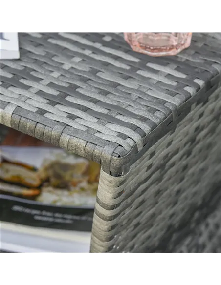 Outsunny Outdoor Patio Rattan Wicker Coffee Table Bistro Side Table w/ Umbrella Hole and Storage Space, Grey