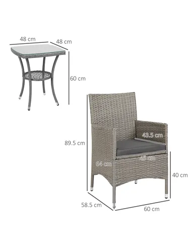 Outsunny 3 Pieces Rattan Bistro Set, Wicker Garden Furniture Set with 2-Tier Coffee Table and Chairs, Washable Cushions, for Out