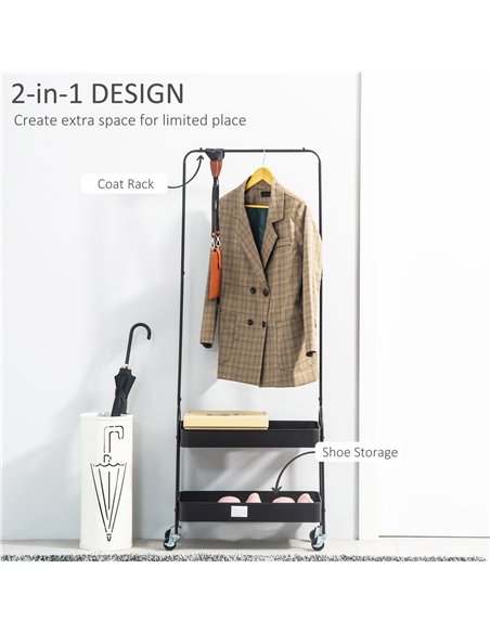 HOMCOM Metal Clothes Rack with Shoe Storage, Clothing Rail on Wheels, Freestanding Hall Tree, Coat Stand with 2 Storage Shelf, B