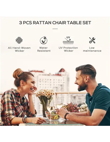 Outsunny 3 Pieces Rattan Bistro Set, Wicker Garden Furniture Set with 2-Tier Coffee Table and Chairs, Washable Cushions, for Out