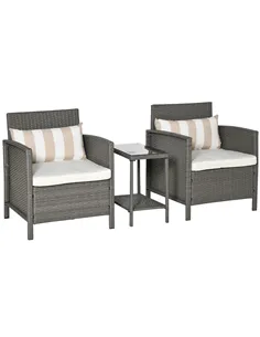 Outsunny 3 Pieces Rattan Bistro Set, Wicker Garden Furniture Set, Glass Top 2-tier Coffee Table and Chairs Set with Pillows and 