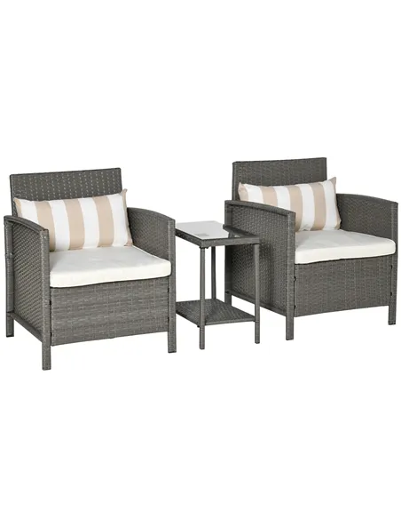 Outsunny 3 Pieces Rattan Bistro Set, Wicker Garden Furniture Set, Glass Top 2-tier Coffee Table and Chairs Set with Pillows and 