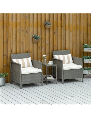 Outsunny 3 Pieces Rattan Bistro Set, Wicker Garden Furniture Set, Glass Top 2-tier Coffee Table and Chairs Set with Pillows and 