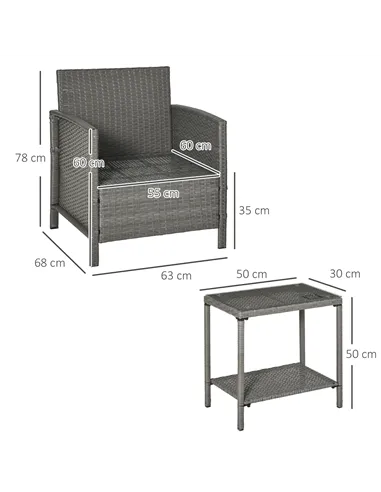 Outsunny 3 Pieces Rattan Bistro Set, Wicker Garden Furniture Set, Glass Top 2-tier Coffee Table and Chairs Set with Pillows and 