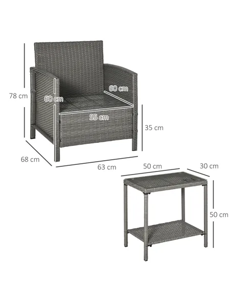 Outsunny 3 Pieces Rattan Bistro Set, Wicker Garden Furniture Set, Glass Top 2-tier Coffee Table and Chairs Set with Pillows and 