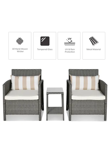 Outsunny 3 Pieces Rattan Bistro Set, Wicker Garden Furniture Set, Glass Top 2-tier Coffee Table and Chairs Set with Pillows and 