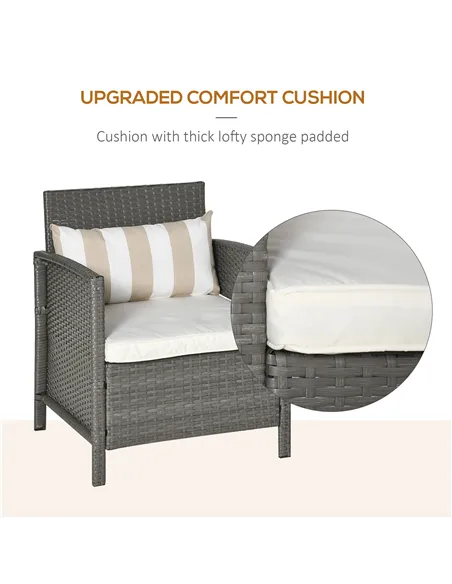 Outsunny 3 Pieces Rattan Bistro Set, Wicker Garden Furniture Set, Glass Top 2-tier Coffee Table and Chairs Set with Pillows and 