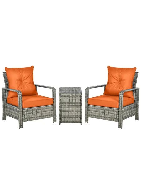 Outsunny 3 Pieces Rattan Bistro Set, Wicker Garden Furniture Set with Storage Coffee Table and Chairs, Thickened Cushions for Ou