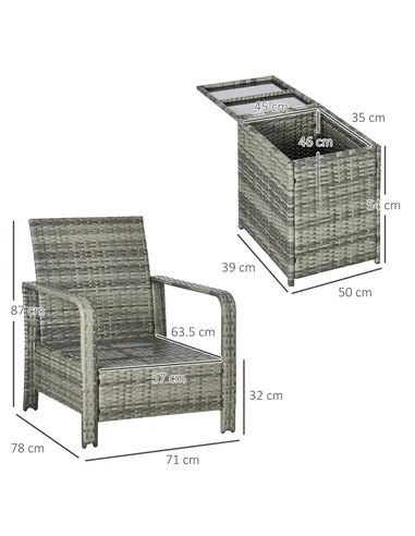 Outsunny 3 Pieces Rattan Bistro Set, Wicker Garden Furniture Set with Storage Coffee Table and Chairs, Thickened Cushions for Ou