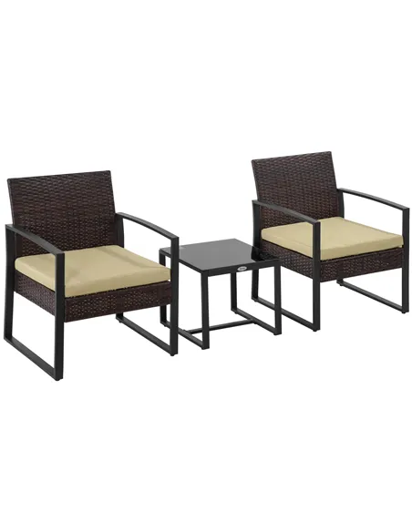 Outsunny 3 pcs PE Rattan Wicker Garden Furniture Patio Bistro Set Weave Conservatory Sofa Coffee Table and Chairs Set Beige