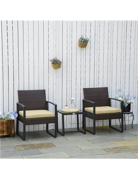 Outsunny 3 pcs PE Rattan Wicker Garden Furniture Patio Bistro Set Weave Conservatory Sofa Coffee Table and Chairs Set Beige